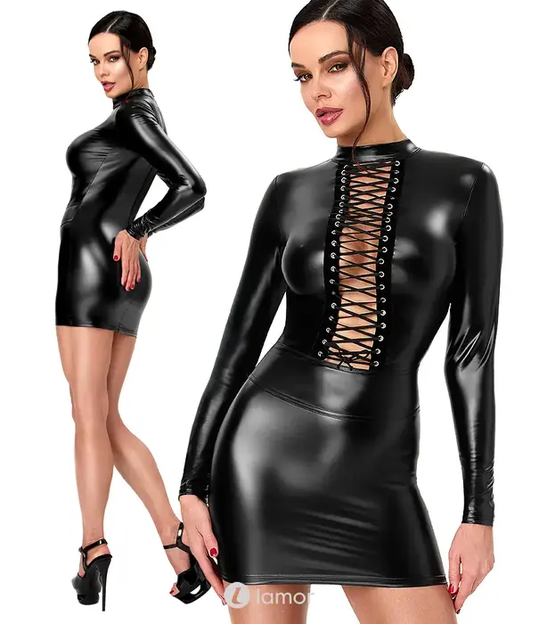 * NOIR handmade Noir Handmade DARK ROMANCE powerwetlook mini jurk zwart met diepe vetersluiting en lange mouwen NH-2719622
