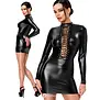 Noir Handmade DARK ROMANCE powerwetlook mini jurk zwart met diepe vetersluiting en lange mouwen NH-2719622