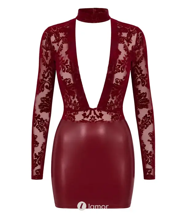 * NOIR handmade Noir Handmade DARK ROMANCE mini jurk bordeaux met powerwetlook, powernet flockprint en choker NH-2719606