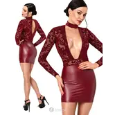 Noir Handmade DARK ROMANCE mini jurk bordeaux met powerwetlook, powernet flockprint en choker NH-2719606