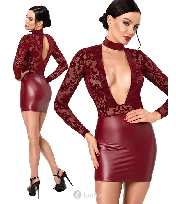 * NOIR handmade Noir Handmade DARK ROMANCE mini jurk bordeaux met powerwetlook, powernet flockprint en choker NH-2719606