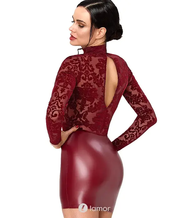 * NOIR handmade Noir Handmade DARK ROMANCE mini jurk bordeaux met powerwetlook, powernet flockprint en choker NH-2719606