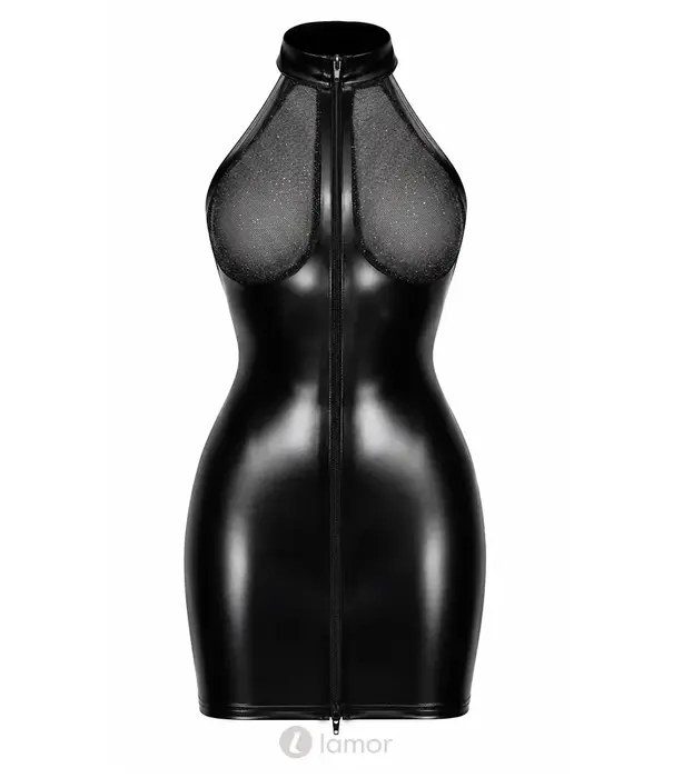 * NOIR handmade Noir Handmade DARK ROMANCE powerwetlook mini jurk zwart met transparante glittercups en 2-wegrits NH-2719614