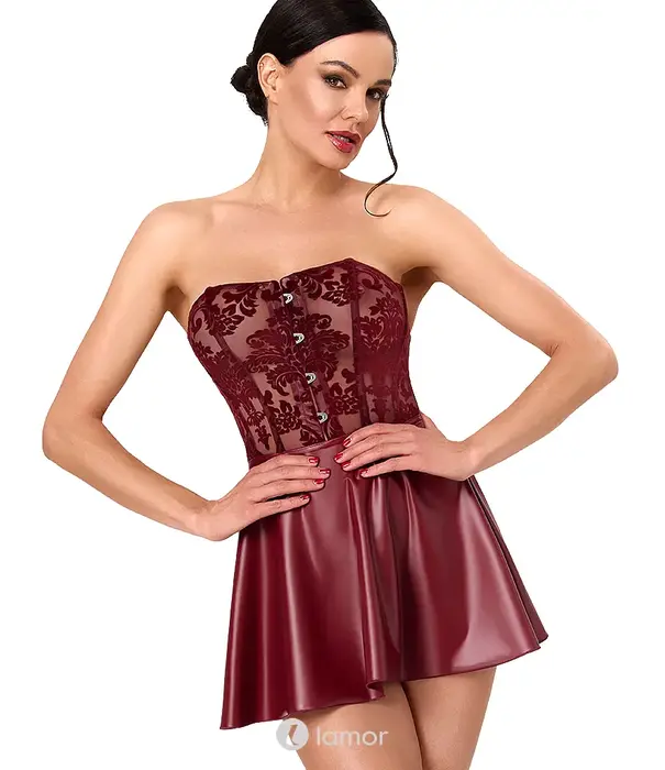 * NOIR handmade Noir Handmade DARK ROMANCE corsage mini jurk bordeaux met flockprint net en wetlook rok NH-2718561