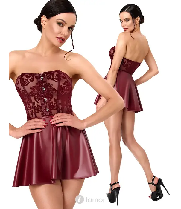 * NOIR handmade Noir Handmade DARK ROMANCE corsage mini jurk bordeaux met flockprint net en wetlook rok NH-2718561