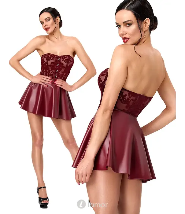 * NOIR handmade Noir Handmade DARK ROMANCE corsage mini jurk bordeaux met flockprint net en wetlook rok NH-2718561