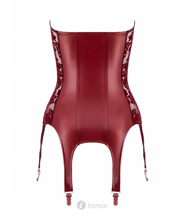 * NOIR handmade Noir Handmade DARK ROMANCE jarretelkorset bordeaux met flockprint powernet, powerwetlook en 6 jarretels NH-2611600