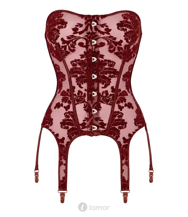 * NOIR handmade Noir Handmade DARK ROMANCE jarretelkorset bordeaux met flockprint powernet, powerwetlook en 6 jarretels NH-2611600