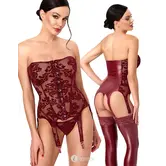 Noir Handmade DARK ROMANCE jarretelkorset bordeaux met flockprint powernet, powerwetlook en 6 jarretels NH-2611600