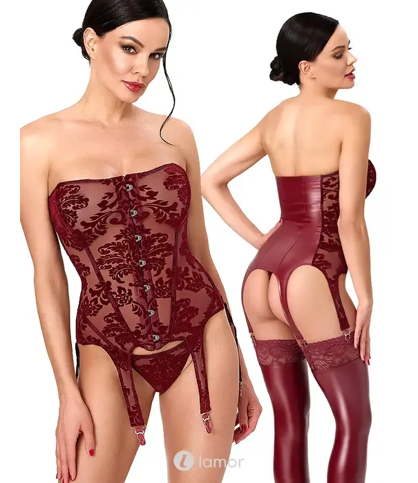* NOIR handmade Noir Handmade DARK ROMANCE jarretelkorset bordeaux met flockprint powernet, powerwetlook en 6 jarretels NH-2611600