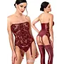 Noir Handmade DARK ROMANCE jarretelkorset bordeaux met flockprint powernet, powerwetlook en 6 jarretels NH-2611600
