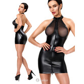 Noir Handmade DARK ROMANCE powerwetlook mini jurk zwart met transparante glittercups en 2-wegrits NH-2719614