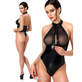 Noir Handmade DARK ROMANCE powerwetlook stringbody zwart met transparante glittercups en 3-wegrits NH-2645254