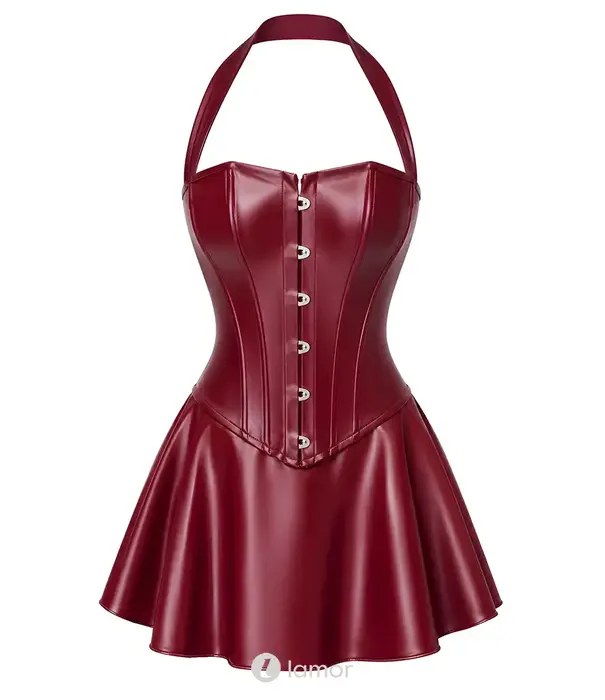 * NOIR handmade Noir Handmade Dark Romance powerwetlook corset mini jurk bordeauxrood met uitlopende rok