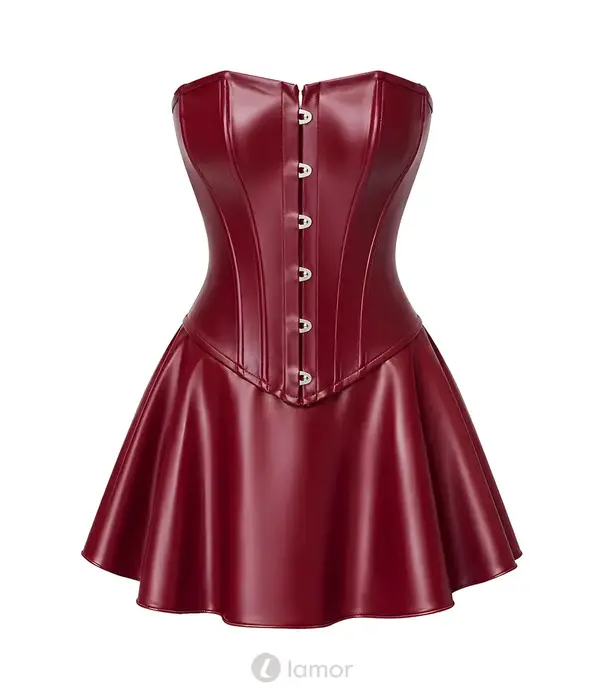 * NOIR handmade Noir Handmade Dark Romance powerwetlook corset mini jurk bordeauxrood met uitlopende rok