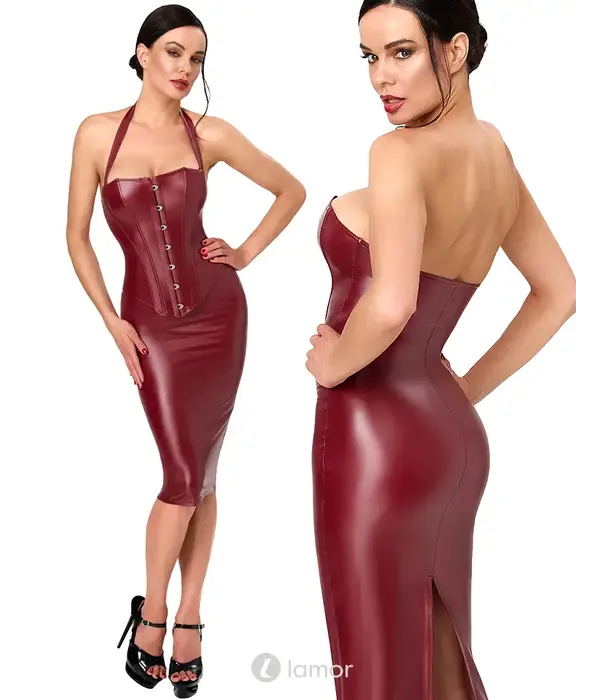 * NOIR handmade Noir Handmade Dark Romance powerwetlook midi jurk bordeauxrood met corset constructie