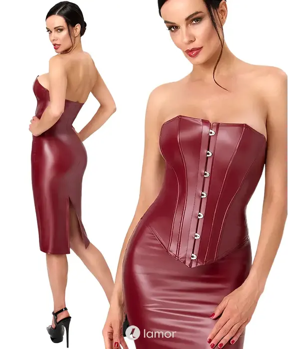 * NOIR handmade Noir Handmade Dark Romance powerwetlook midi jurk bordeauxrood met corset constructie