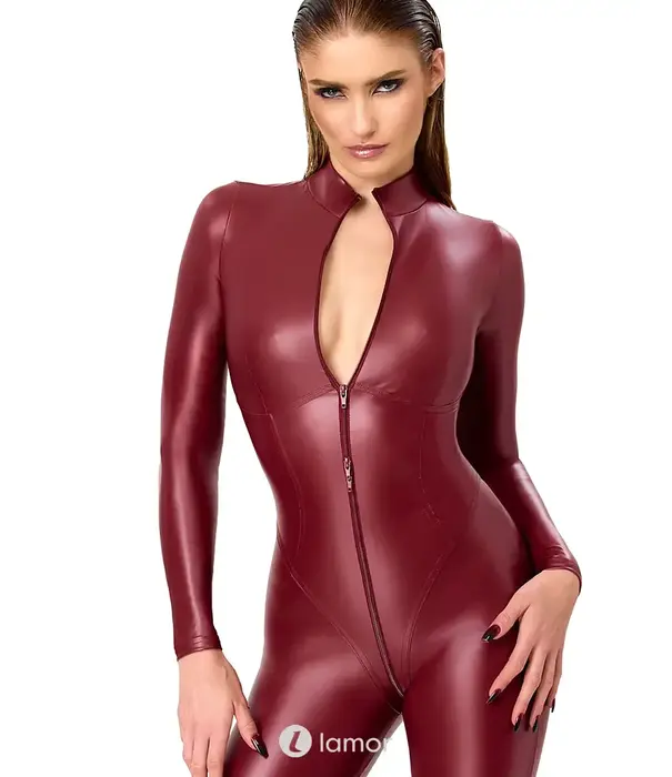 * NOIR handmade Noir Handmade Dark Romance powerwetlook catsuit bordeauxrood met 3-weg ritssluiting