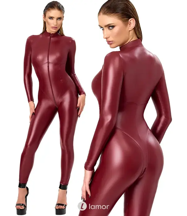 * NOIR handmade Noir Handmade Dark Romance powerwetlook catsuit bordeauxrood met 3-weg ritssluiting