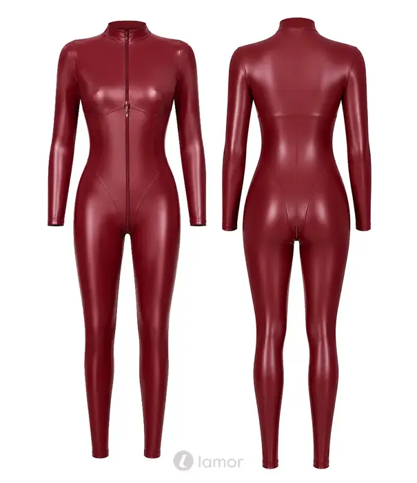 * NOIR handmade Noir Handmade Dark Romance powerwetlook catsuit bordeauxrood met 3-weg ritssluiting