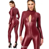 Noir Handmade Dark Romance powerwetlook catsuit bordeauxrood met 3-weg ritssluiting