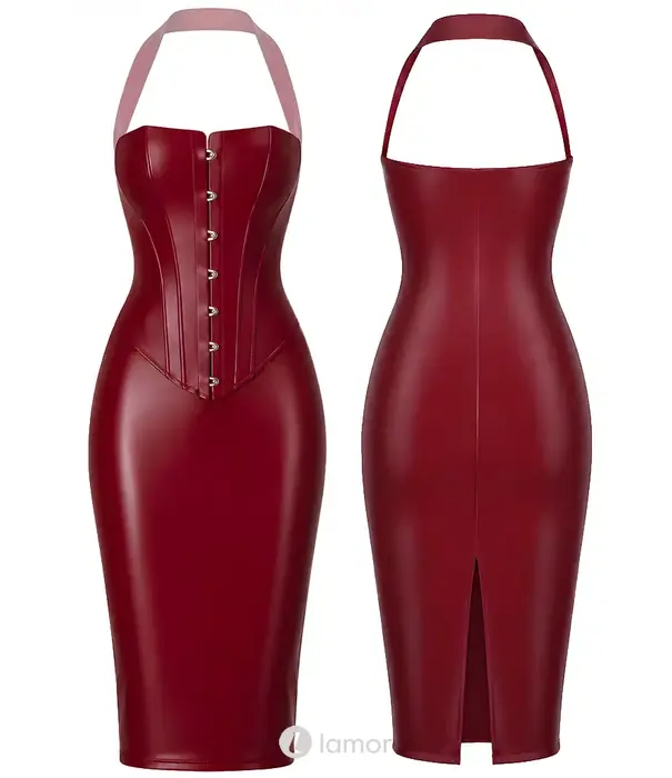 * NOIR handmade Noir Handmade Dark Romance powerwetlook midi jurk bordeauxrood met corset constructie