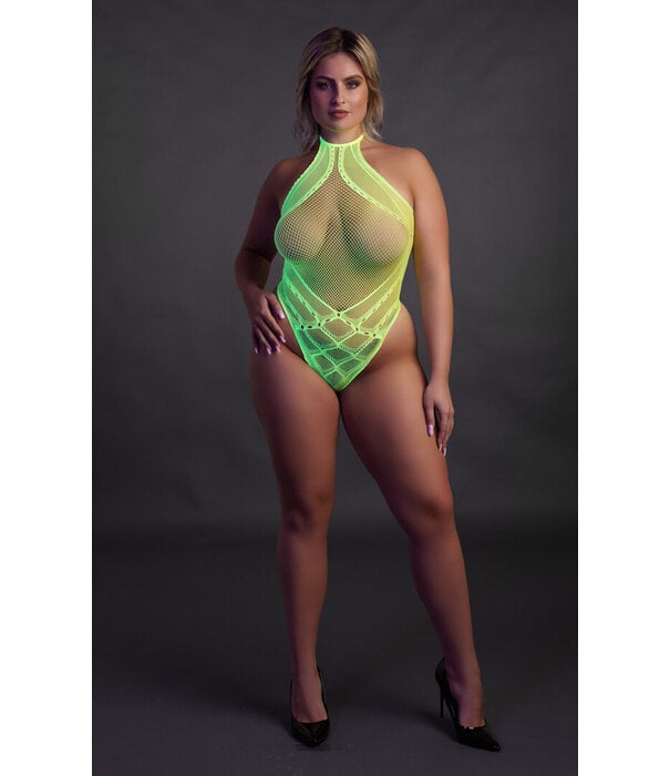Ouch! by Shots Body met Halternek - Plus Size - Neon Groen
