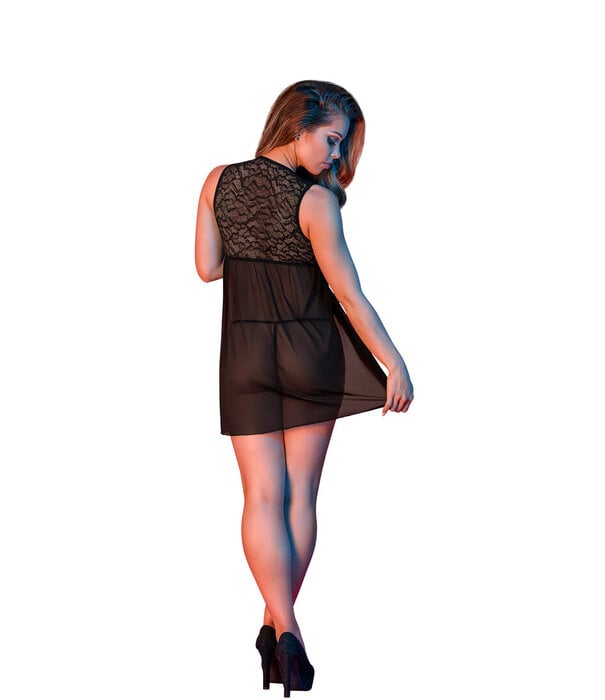 Magic Silk Babydoll met Open Rug en G-String Set - L/XL - Zwart