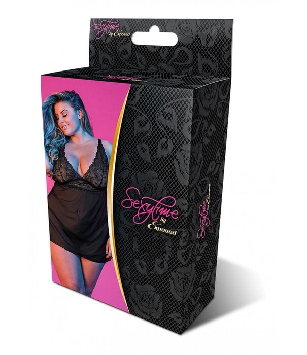Magic Silk Babydoll met Open Rug en G-String Set - 2X - Zwart