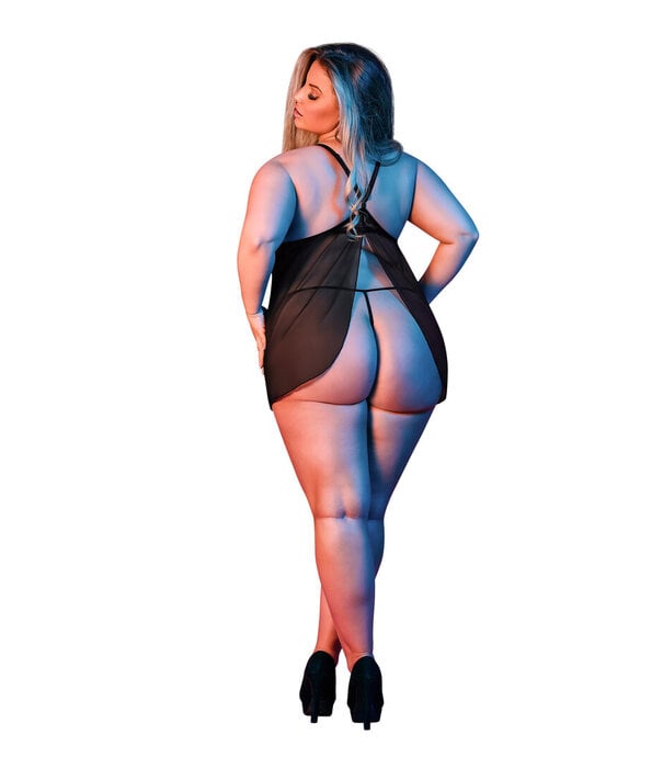 Magic Silk Babydoll met Open Rug en G-String Set - 2X - Zwart