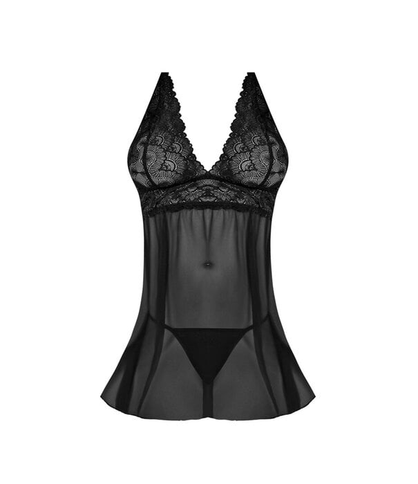 Magic Silk Babydoll met Open Rug en G-String Set - 2X - Zwart