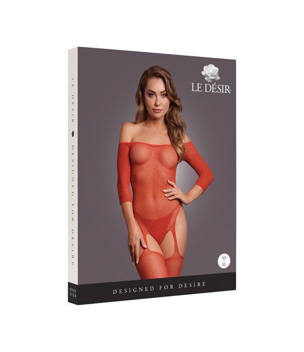 Le Désir by Shots Glanzende Off the Shoulder Bodystocking - One Size - Rood/Goud Glitter