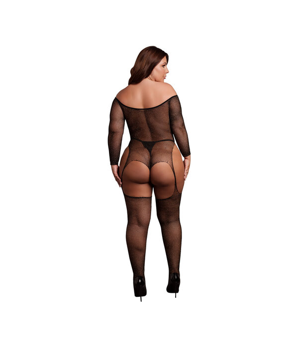 Le Désir by Shots Glanzende Off the Shoulder Bodystocking - Plus Size - Zwart/Goud Glitter