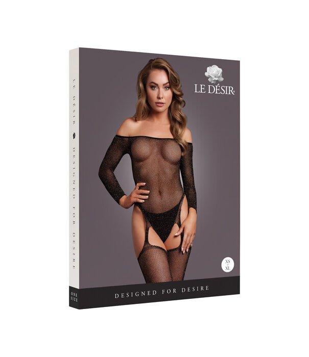 Le Désir by Shots Glanzende Off the Shoulder Bodystocking - One Size - Zwart/Goud Glitter