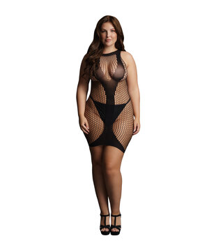 Hoge Hals Net Contrast Mini Jurk - Plus Size