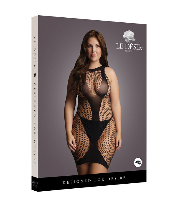 Le Désir by Shots Hoge Hals Net Contrast Mini Jurk - Plus Size