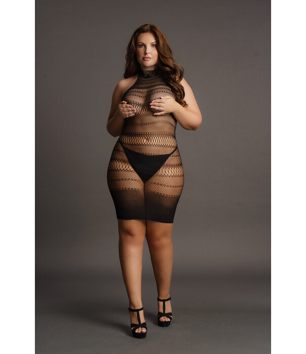 Le Désir by Shots Hoge Kant Hals Net Mini Jurk - Plus Size