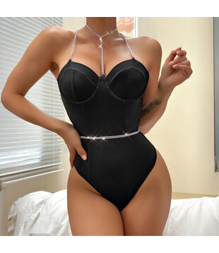 Kettingversterkte Cross Back Bodysuit - S/M - Zwart