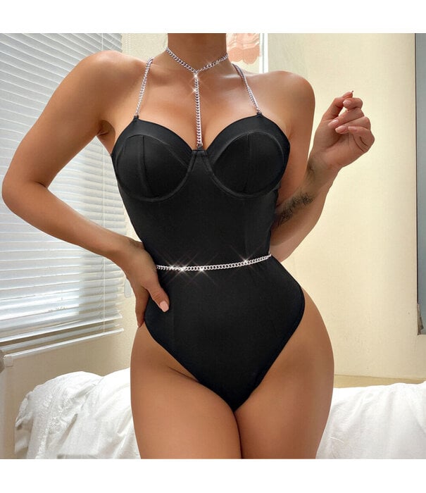 De Namour Lingerie by Shots Kettingversterkte Cross Back Bodysuit - S/M - Zwart