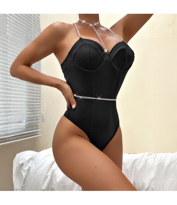 De Namour Lingerie by Shots Kettingversterkte Cross Back Bodysuit - S/M - Zwart
