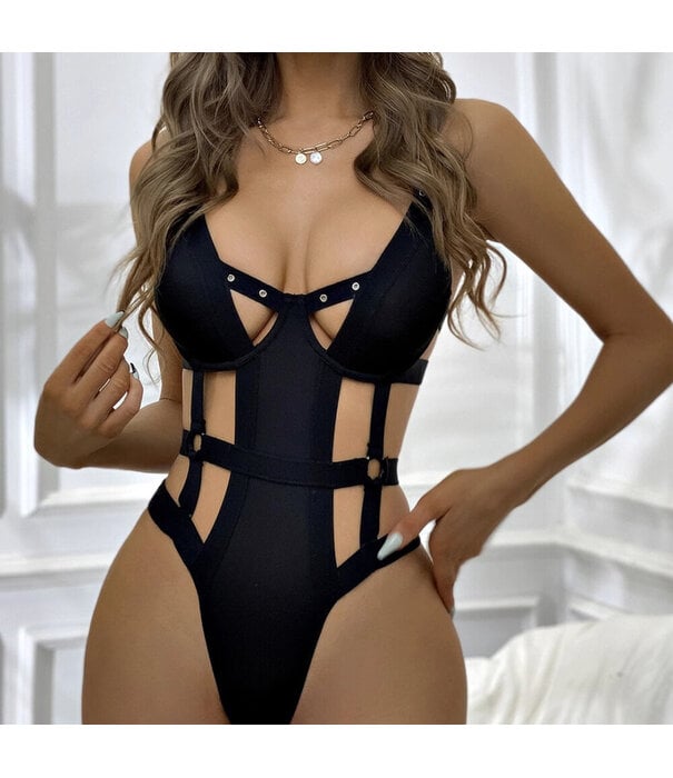De Namour Lingerie by Shots Tri-Cutout Strappy Bodysuit - L/XL - Zwart