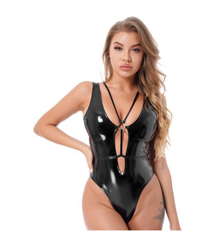 Wetlook Deep-V Bodysuit - L/XL - Zwart