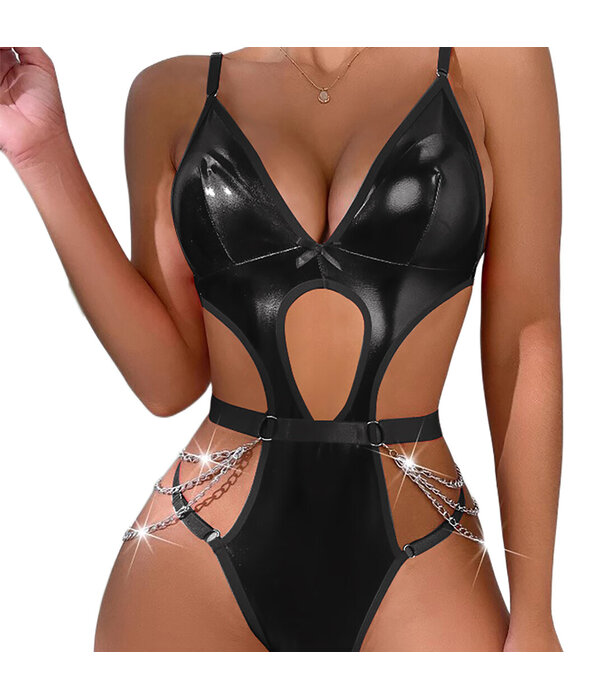 De Namour Lingerie by Shots Faux Leather Cut-out Verleidelijk Bodysuit met Kettingen - L/XL - Zwart