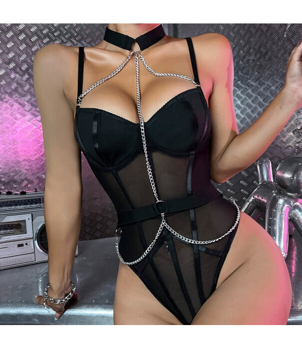 De Namour Lingerie by Shots Mesh Bodysuit met Bodychain en Kraag - S/M - Zwart
