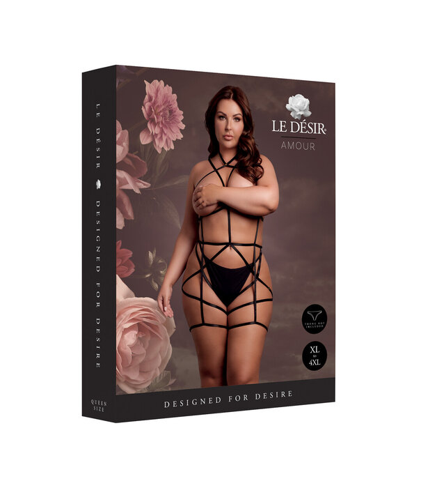 Le Désir by Shots Bodyharnas met open cups en jarretels - Zwart