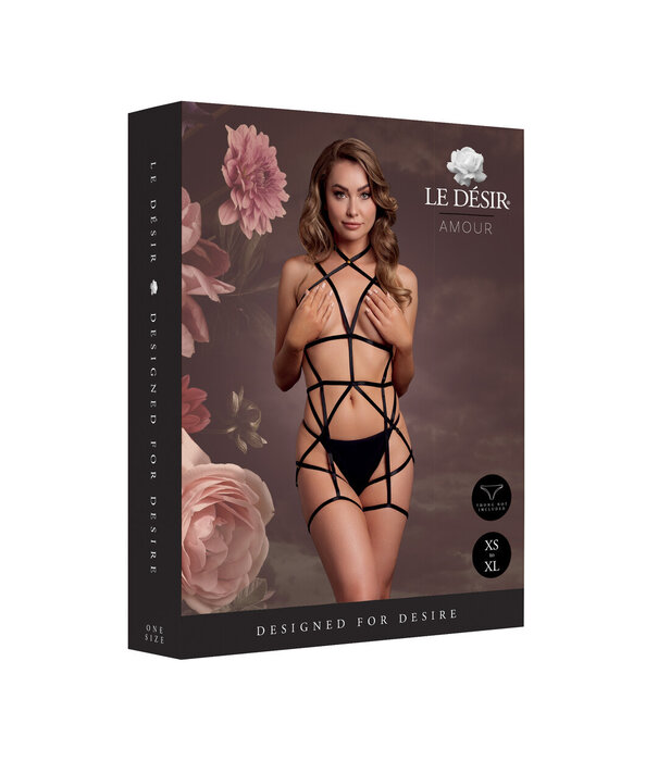 Le Désir by Shots Bodyharnas met open cups en jarretels - Zwart