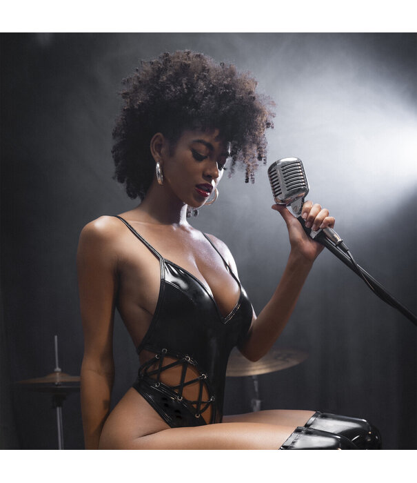 Mapalé Vetersluiting Bodysuit met Lage Halslijn - M - Glanzend Zwart