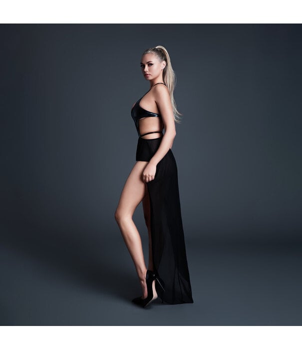 Allure Take Me - Latex-look Vinyl en Mesh Bodysuit met Flirty Rok - L - Zwart
