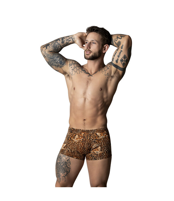 Male Power Pouch Short met Zwarte Cockring - S - Bruin Luipaard