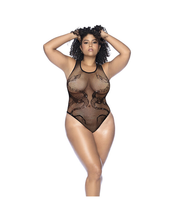 Mapalé Slangen Visnet Rhinestone Bodysuit - Koning Maat - Zwart/Rhinestone